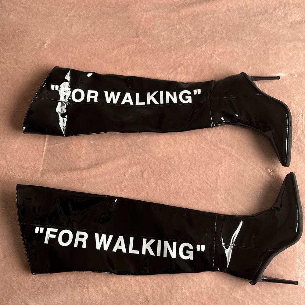 “For Walking” unique black patent knee high boots